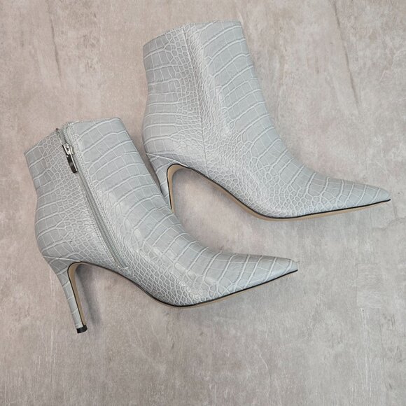 Formal Ankle Boots 9 Gray Croc Embossed Stiletto Heel Pointed Toe Glam Booties - Picture 5 of 11